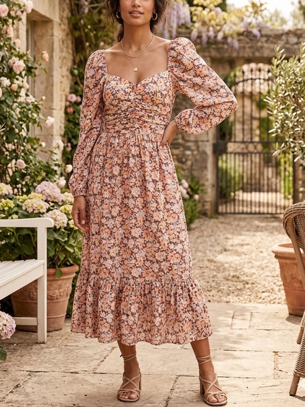 Band of the Free Floral Sweetheart Midi Dress Ruched Puff Sleeve Ruffle❤️